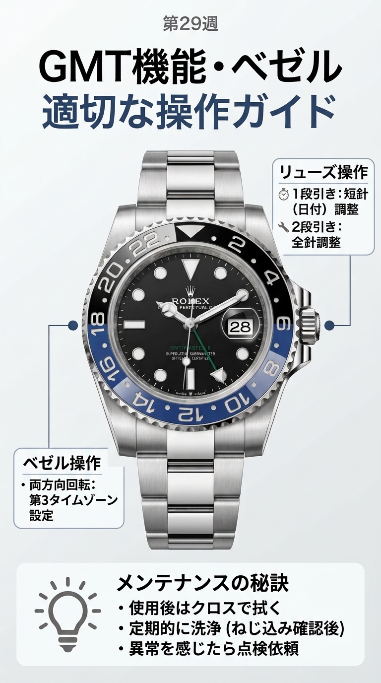 【愛機を守る時計ケア】2か国の時差を正確に刻む!GMT機能の正しい操作と注意点